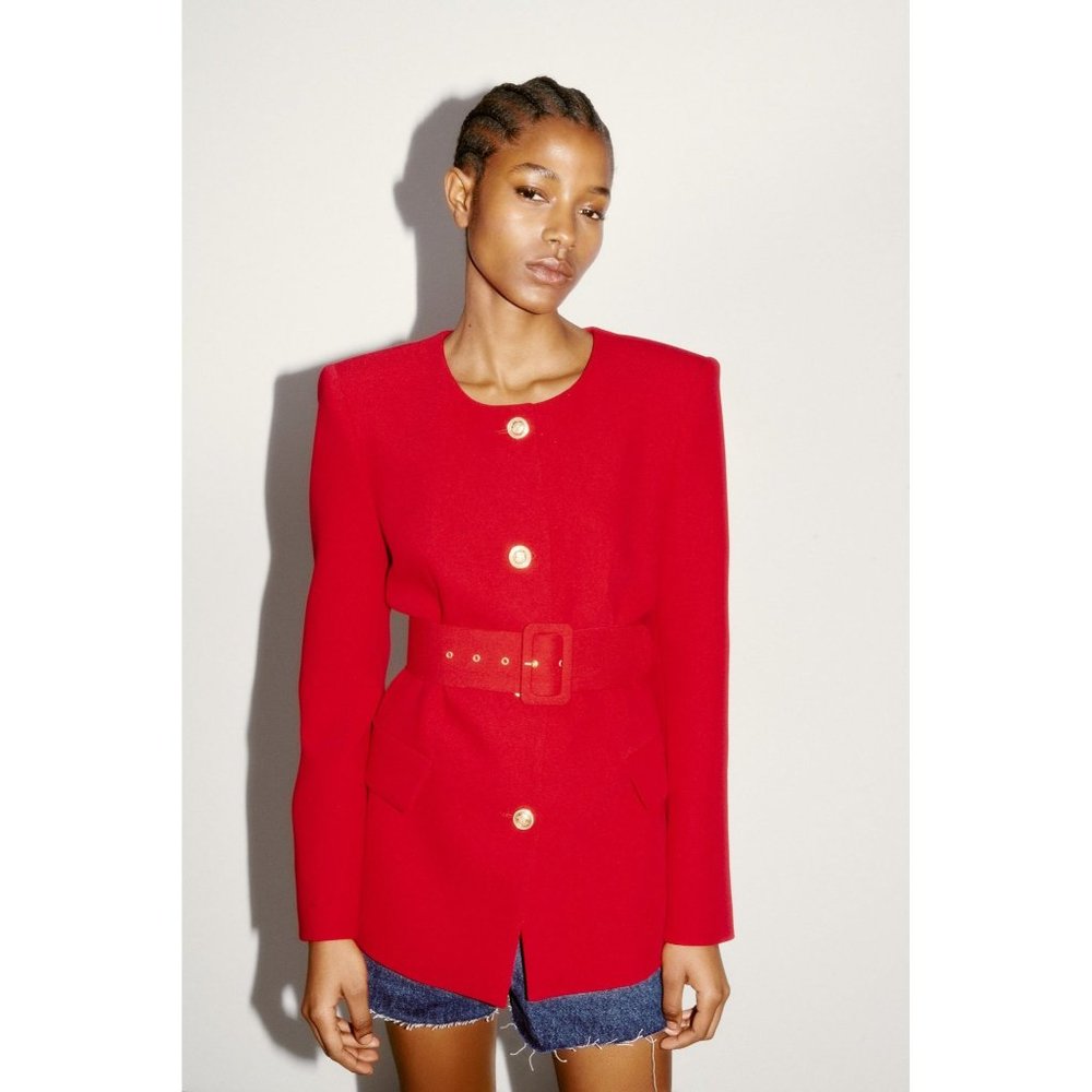 ZARA NEW WOMAN LONG BLAZER WITH LINED MATCHING BELT DRESS RED 2382/940